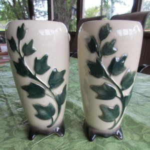 Pair of Vintage Asian Style Ivy Leaf Vases